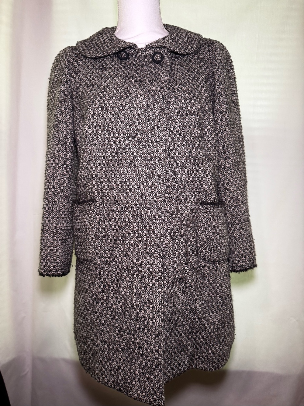 Donna Karan Black & White Tweed Pea Coat